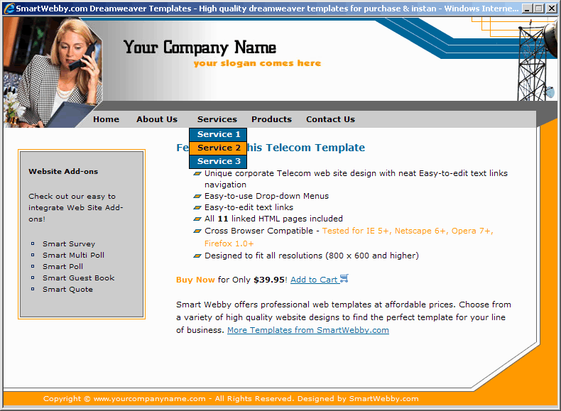 Dreamweaver  Template 103 [Telecom] - Actual Size Screenshot for 800px screen width