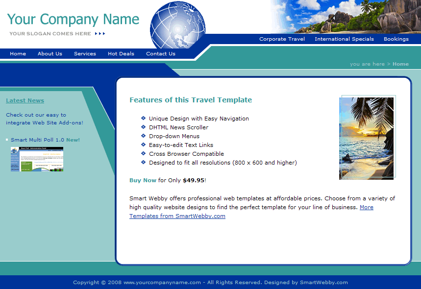 Dreamweaver Template 11 [Travel] - Actual Size Screenshot for 800px screen width