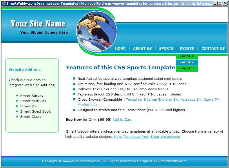 Dreamweaver CSS Template 140 [Sports] - Actual Size Screenshot for 800px screen width
