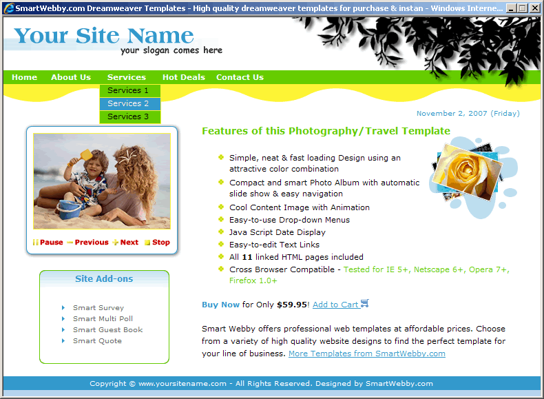Dreamweaver  Template 24 [Travel/Photography] - Actual Size Screenshot for 800px screen width