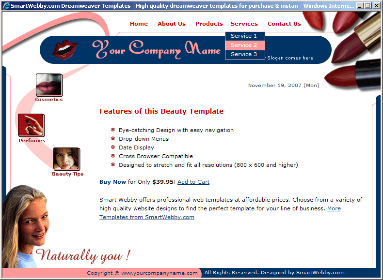 Dreamweaver Template 29 [Beauty] - Actual Size Screenshot for 800px screen width
