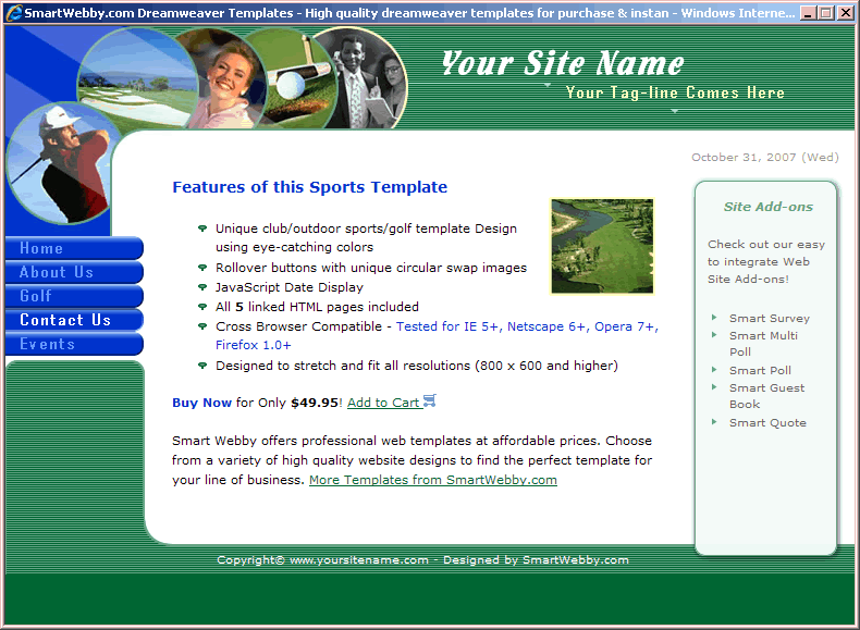 Dreamweaver Template 2 [Sports] - Actual Size Screenshot for 800px screen width