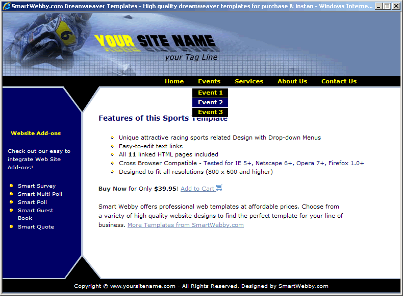 Dreamweaver Template 37 [Sports] - Actual Size Screenshot for 800px screen width
