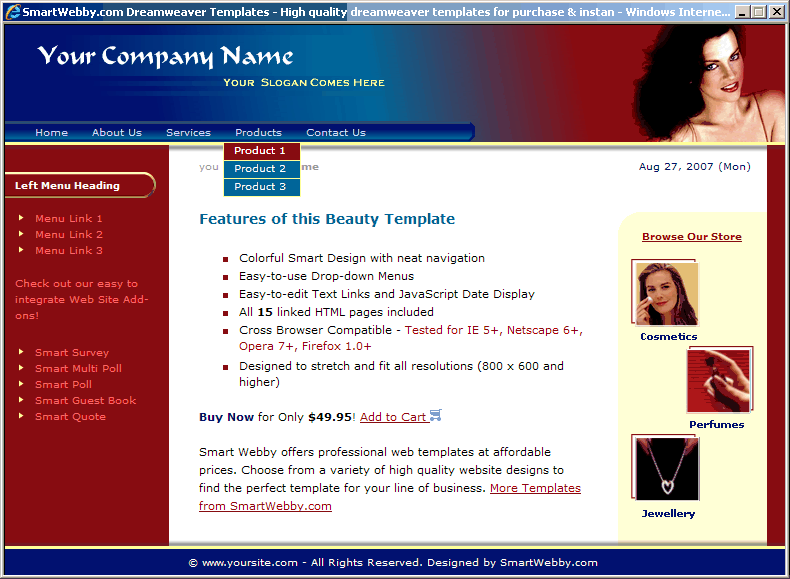 Dreamweaver Template 3 [Beauty] - Actual Size Screenshot for 800px screen width