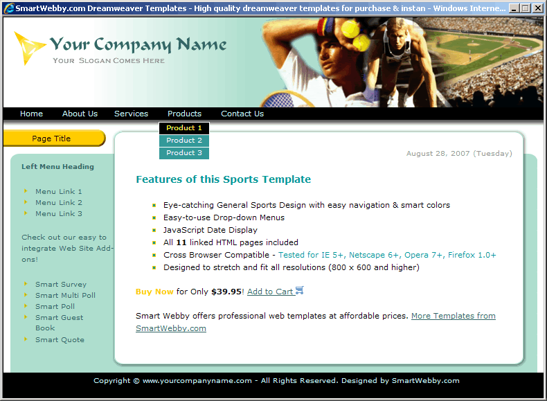 Dreamweaver Template 4 [Sports] - Actual Size Screenshot for 800px screen width
