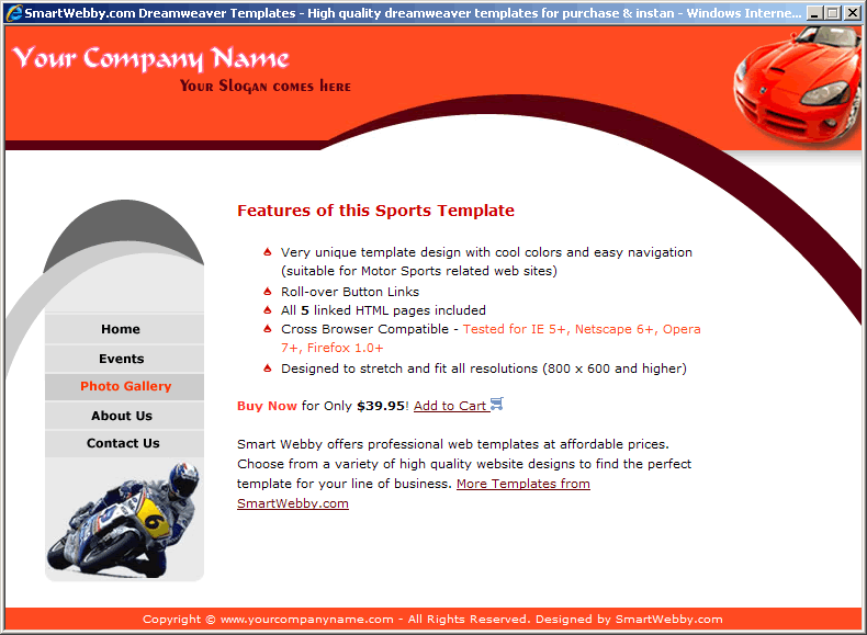 Dreamweaver Template 62 [Sports] - Actual Size Screenshot for 800px screen width