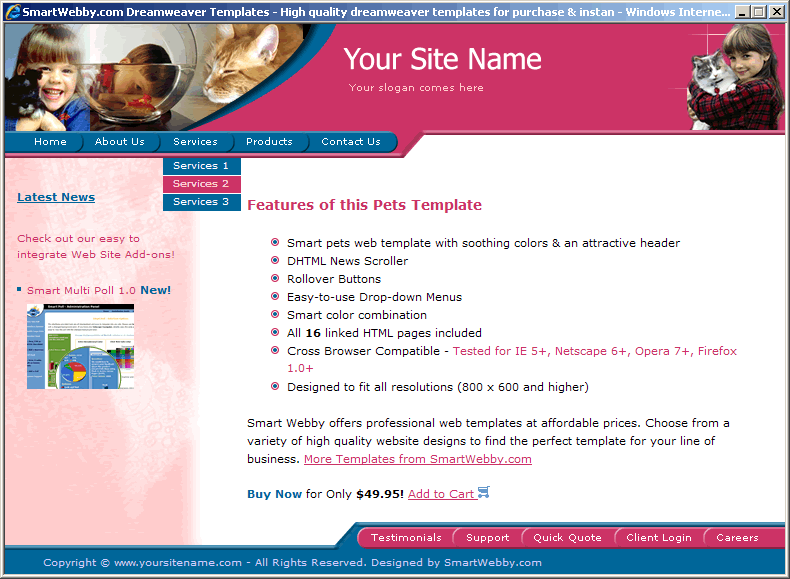 Dreamweaver Template 8 [Pets] - Actual Size Screenshot for 800px screen width