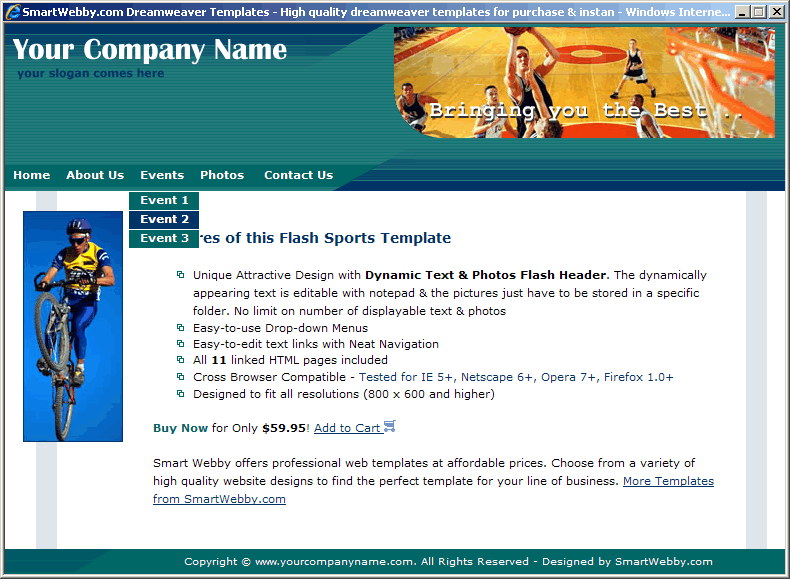 Dreamweaver Template 97 [Flash/Sports] - Actual Size Screenshot for 800px screen width
