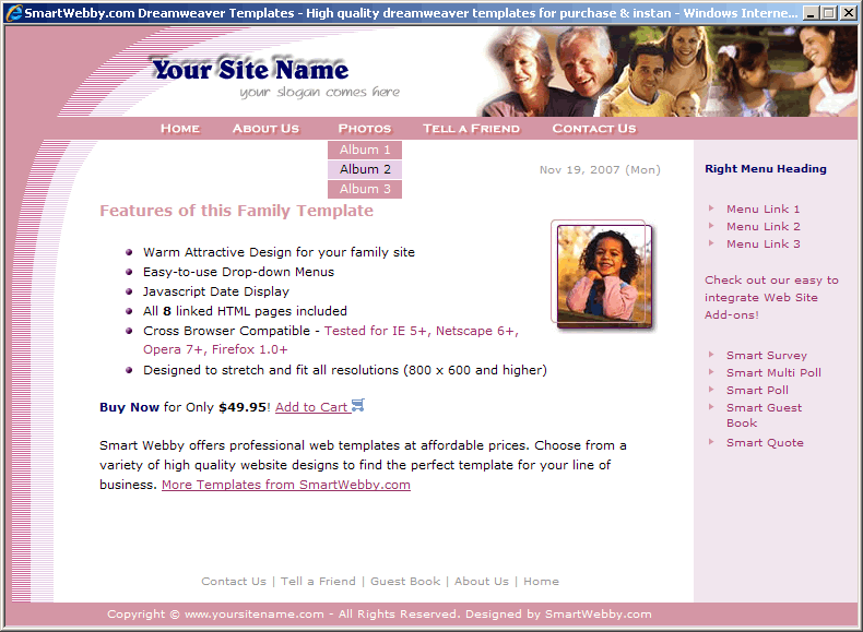 Dreamweaver Template 9 [Family/Personal] - Actual Size Screenshot for 800px screen width